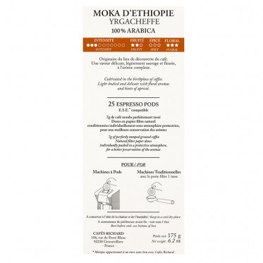 Dosette ESE Cafés Richard Moka Ethiopie Yrgacheffe - 25 dosettes emballées individuellement