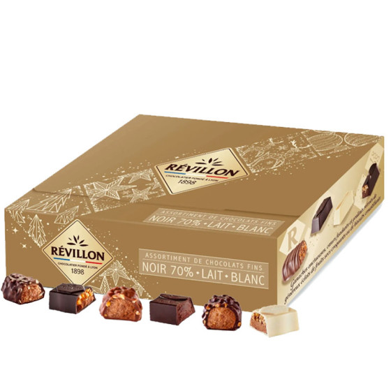 Ballotin de 46 chocolats Révillon : Assortiment de 15 recettes Noir, Lait, Blanc - 475 gr