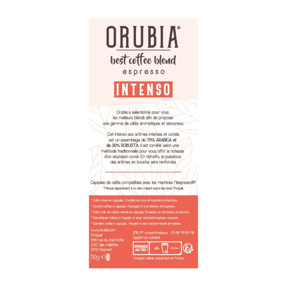 Capsule Nespresso Compatible Café Orubia Intenso 70% Arabica Intensité 9 - 600 capsules