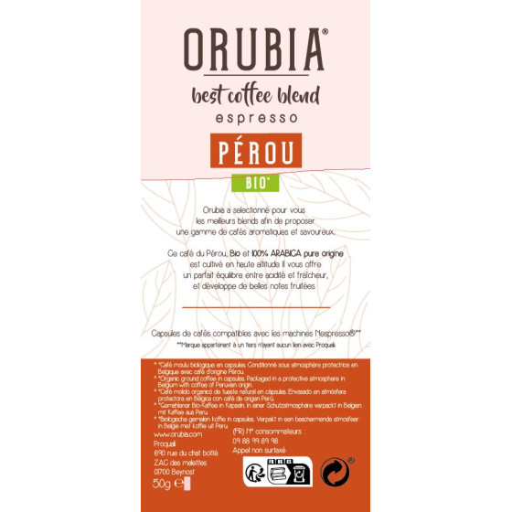 Capsule Nespresso Compatible Café Orubia Pérou BIO 100% Arabica Intensité 4 Edition Limitée - 120 capsules