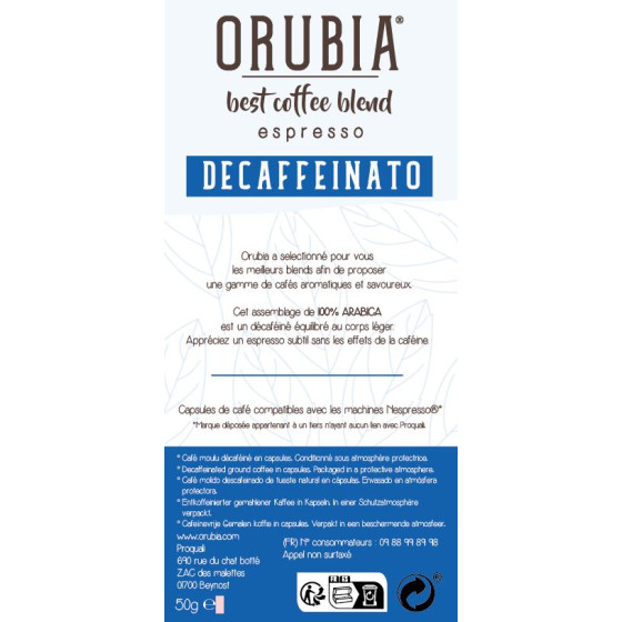 Capsule Nespresso Compatible Café Orubia Decaffeinato 100% Arabica Intensité 5 - 120 capsules