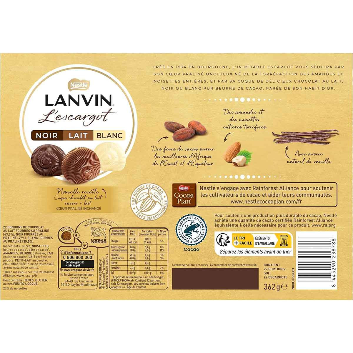 Coffret Lanvin L'escargot Chocolats Noir, Lait, Blanc - 362 gr