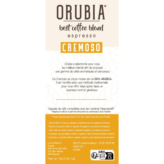 Capsule Nespresso Compatible Café Orubia Cremoso 100% Arabica Intensité 7 - 600 capsules + 60 capsules Offertes