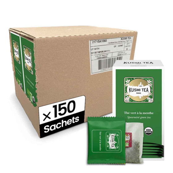 KUSMI TEA Th&eacute; Vert Menthe Bio  - 6 boites - 150 sachets envelopp&eacute;s 